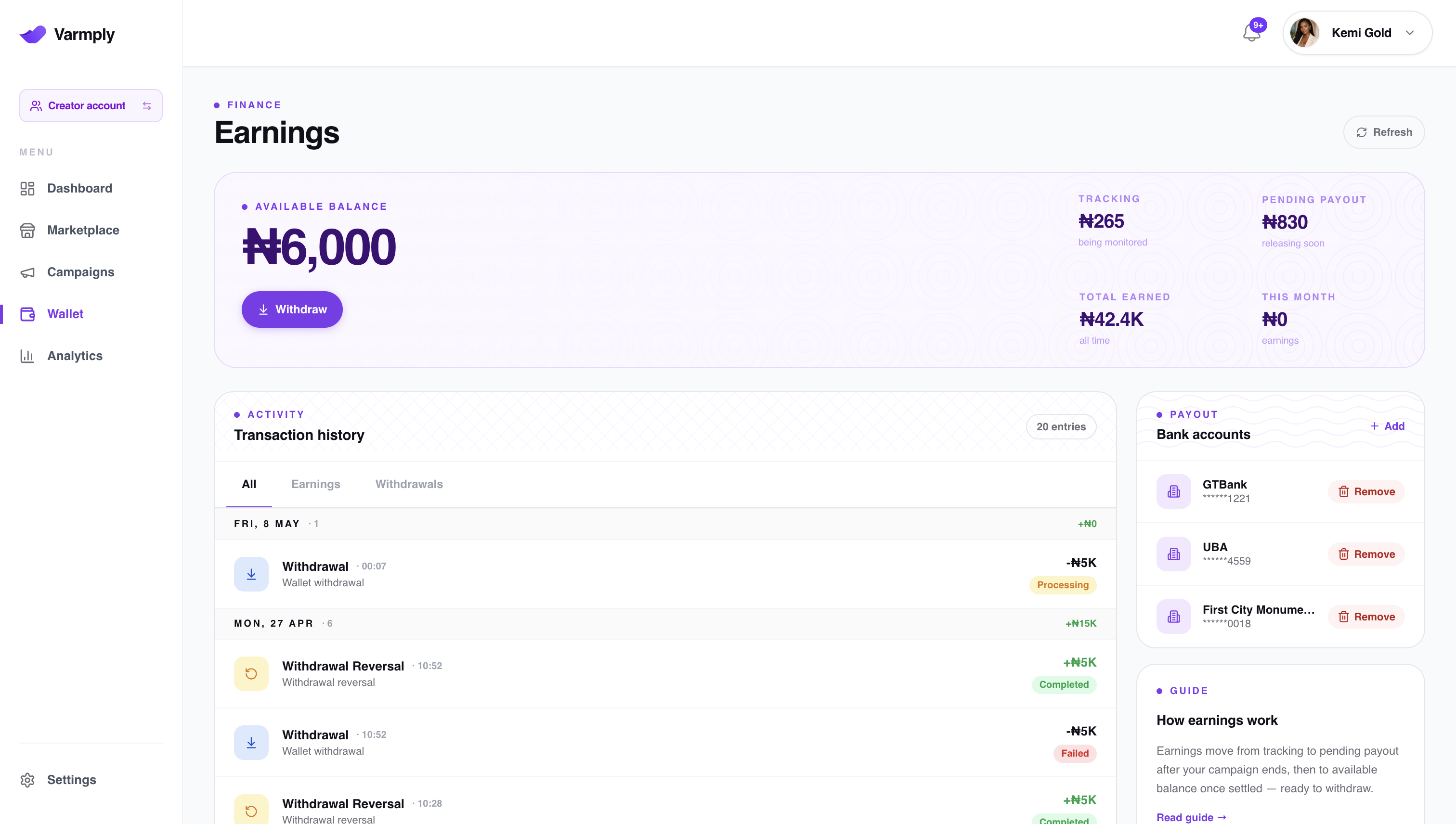 Earnings dashboard